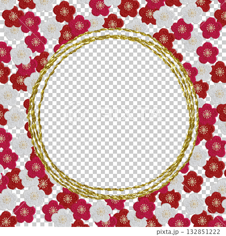 [Plum blossoms and gold round frame] Hand-embroidered illustration material 132851222