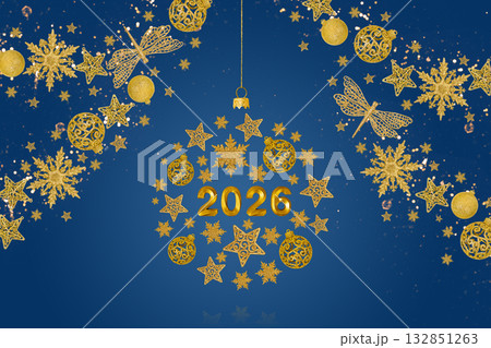 Christmas and New Year's composition in the shape of a golden ball on a Christmas tree made of decorative elements in the form of snowflakes, stars, balls, and the number 2026 132851263
