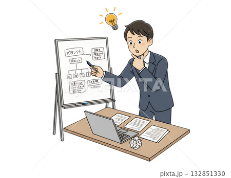 ホワイトボードに書き出し中にアイデアが閃くビジネスマン 132851330