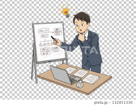 ホワイトボードに書き出し中にアイデアが閃くビジネスマン 132851330