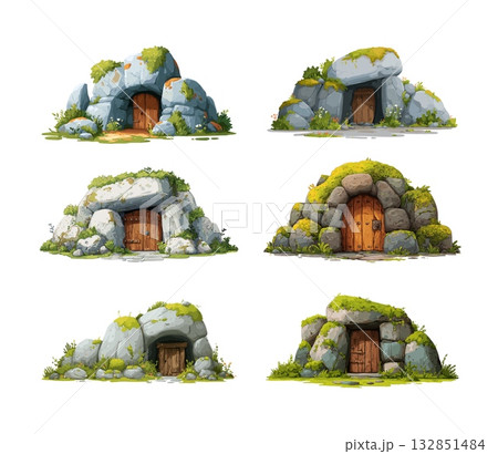 Rock cave entrances cartoon vector set. Stone...のイラスト素材 [132851484] - PIXTA