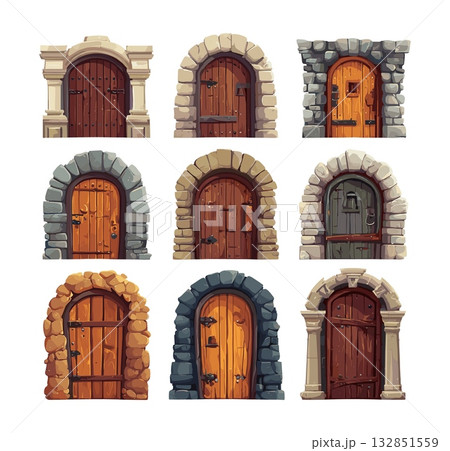 Medieval doors cartoon vector set. Wooden stone entrance rock archway ancient castle gateway old times architecture rustic wood texture fantasy game element object isolated illustration on white 132851559