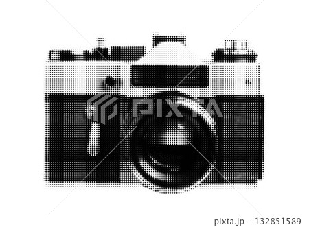 Retro vintage photo camera illustration in monochrome halftone dot pattern style. Classic analog film photography equipment vector isolated on white for pop art, comic book, and design.	 132851589