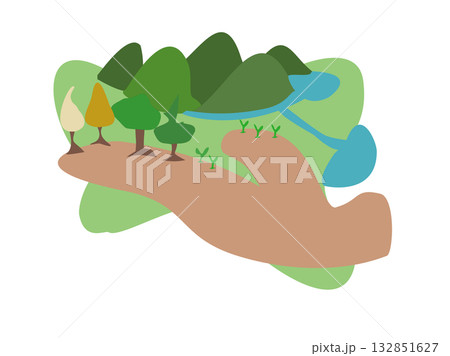 手のひらの上に緑があり環境をイメージしたイラスト	 132851627