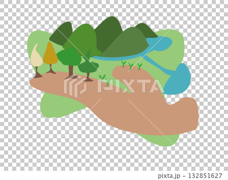 手のひらの上に緑があり環境をイメージしたイラスト	 132851627