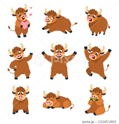 Yak characters. Cartoon yaks, funny farm animals various poses. Animal expression, cattle characters jumping, sleeping, holding heart, classy vector clipart Yak characters. Cartoon yaks, funny farm animals various poses. Animal expression, cattle characters jumping, sleeping, holding heart, classy vector clipart 132851903
