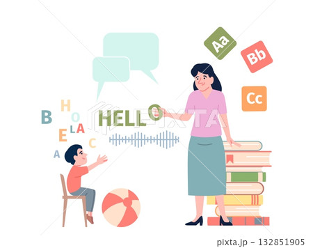 Speech therapy for children. Therapist session, child development, education. Language and talk skills, problems with articulations, recent vector scene 132851905
