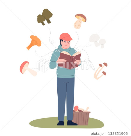 Study of mushrooms. Man examining mushroom in book, young fungus hunter. Comparison and verification of forest gifts according to textbook, recent vector scene Study of mushrooms. Man examining mushroom in book, young fungus hunter. Comparison and verification of forest gifts according to textbook, recent vector scene 132851906