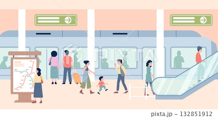 Travel by subway. People on station waiting train, take escalator up to city or metro platform. Public transportation, urban travel passengers, recent vector scene Travel by subway. People on station waiting train, take escalator up to city or metro platform. Public transportation, urban travel passengers, recent vector scene 132851912