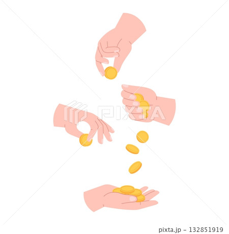 Human begging for alms. Poor man, people donating coins. Refugee in need of social assistance. Hands with golden coins, money and finance, vector concept 132851919