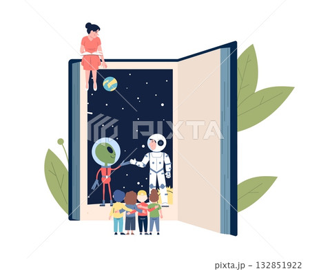 Children explore new worlds through reading. Teaching literature and introducing books. Teacher read book for little kids. Inspiration, fantasy, vector concept 132851922