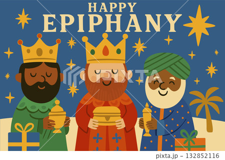 Happy Epiphany. Cute Three Kings scene in childish style. Vector vintage poster 132852116