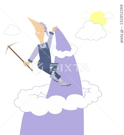 Cartoon man climbing the mountain. High mountains. Happy rock climber on a rugged cliff face	 132852269