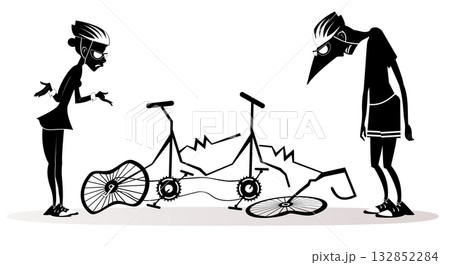 Two cyclist. Broken tandem bike. Man and woman stand near a broken tandem bicycle. Black and white illustration	 132852284