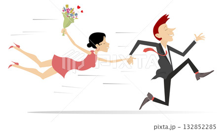 Fall in love. Happy man and woman running holding hands. Happy lovers characters. Happy running man holding hand of flying woman Fall in love. Happy man and woman running holding hands. Happy lovers characters. Happy running man holding hand of flying woman 132852285