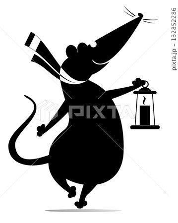 Cute rat, opossum or mouse holding an old lantern. Cartoon rat, opossum or mouse holds a vintage lit lantern. Black and white illustration	 132852286