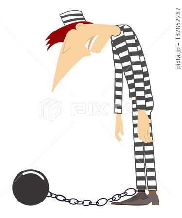 Sad prisoner man chained by an iron ball to his foot. Jail. Cartoon prisoner man with an iron ball chained to his foot	 132852287