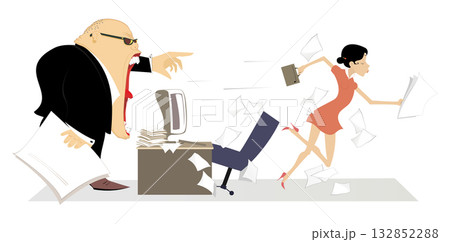 Angry boss and employee woman. Angry chief scolds his employee woman. Employee runs away from the angry director. Angry chief scolds his employee and points him get out from the office 132852288