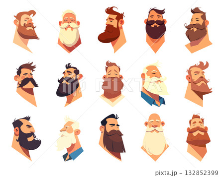 set of men with beards, different ages, colors and shapes of hairstyles and beards, heads with closed eyes, vector illustration 132852399