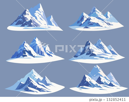 Set of cartoon snowy mountains, rocks and stones, winter landscapes, vector illustration 132852411