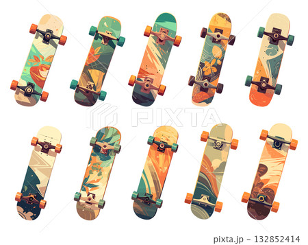 Set of cartoon skateboards with different colors and styles, street culture, youth transport, vector illustration 132852414