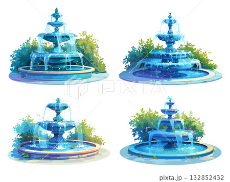 set of cartoon fountains with splashing water, with bushes on the background in the park, bowls with water, park decoration, vector illustration 132852432