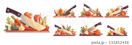 Set of cartoon cutting boards with vegetables and knives, various vegetables and herbs, dish ingredients, vector illustration Set of cartoon cutting boards with vegetables and knives, various vegetables and herbs, dish ingredients, vector illustration 132852438