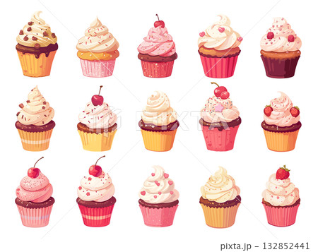 Set of cartoon cupcakes, various decorations, shapes, berries, chocolate pieces, sweet dessert, vector illustration Set of cartoon cupcakes, various decorations, shapes, berries, chocolate pieces, sweet dessert, vector illustration 132852441
