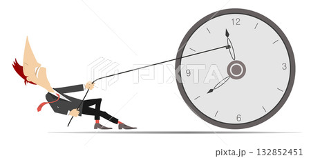 Businessman. Time concept. Deadline. Businessman using a rope to stop arrow on the clock. Pushing back hour concept	 132852451
