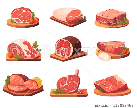 cartoon set of meat products on boards with vegetables and herbs, different shapes and types, vector illustration 132852468