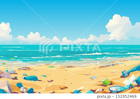 Cartoon sandy beach by the sea filled with garbage and waste, plastic bottles, pollution of nature, vector illustration 132852469