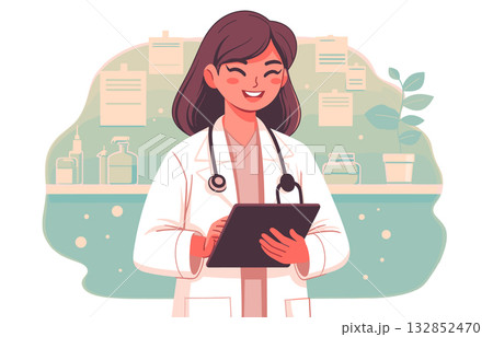 cartoon minimalistic smiling doctor with tablet, medical concept, medicines and prescriptions on background, vector illustration 132852470