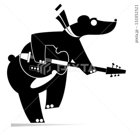 Cartoon cute bear playing music on guitar. Cute bear playing guitar and singing. Black and white illustration	 132852521