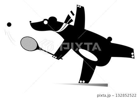 Cartoon bear playing tennis. Cute bear with a tennis racket beats a ball. Black and white	 132852522