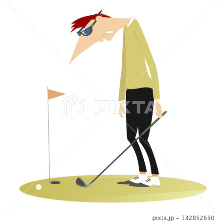 Golf course. Golfer man and problem to make a good shot. Bad shot. Golfer man upset to miss a hole Golf course. Golfer man and problem to make a good shot. Bad shot. Golfer man upset to miss a hole 132852650
