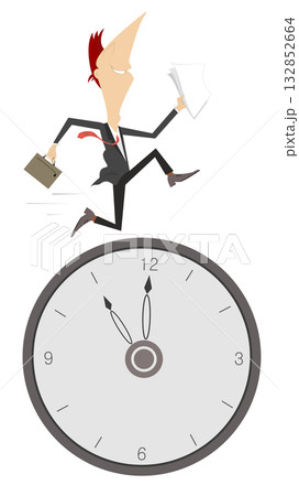 Businessman. Time concept. Deadline. Cartoon businessman with bag and papers running around the clock. Concept	 132852664
