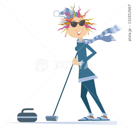 Curling sport. Smiling young woman plays curling. Curling sport. Winter sport. Young woman with a curling brush stands near a stone Curling sport. Smiling young woman plays curling. Curling sport. Winter sport. Young woman with a curling brush stands near a stone 132852667