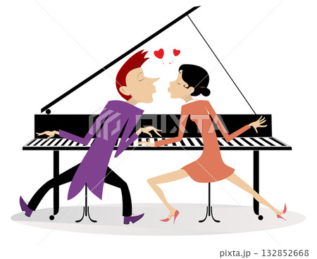 Man and woman play piano by four hands. Love couple. Man and woman play piano by four hands and kissing. Happy lovers characters	 132852668