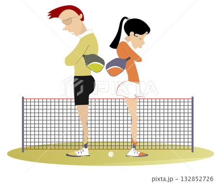 Pickleball court. Quarrel between players. Upset young man and woman standing back to back with down hands on the court for picklball	 132852726