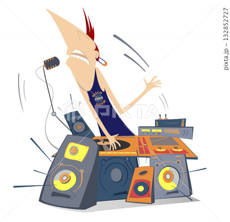 Cartoon DJ performing music and singing. DJ in action. Comic DJ mixing music behind console and singing to microphone Cartoon DJ performing music and singing. DJ in action. Comic DJ mixing music behind console and singing to microphone 132852727