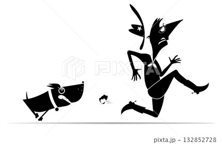 Farmer or cowboy and angry dog. Frightened farmer or cowboy running away from the mad dog. Black and white illustration Farmer or cowboy and angry dog. Frightened farmer or cowboy running away from the mad dog. Black and white illustration 132852728