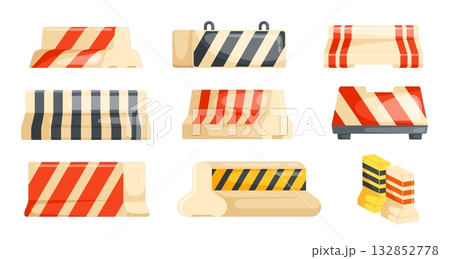 Concrete road barricade. Danger traffic way barricade, roadblock barrier street construction work block forbidden no entry realistic roadway barricade, kicky vector illustration Concrete road barricade. Danger traffic way barricade, roadblock barrier street construction work block forbidden no entry realistic roadway barricade, kicky vector illustration 132852778