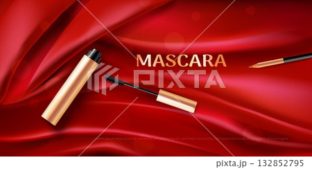 Mascara banner. Realistic eyelash brush on red silk fabric background, golden mascara luxury product advertising makeup eyebrow pencil beauty cosmetic ad poster vector illustration 132852795