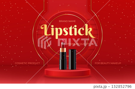 Lipstick podium. Realistic lipstick open tube on pedestal red luxury background, cosmetic product display presentation advertising banner beauty makeup concept vector illustration Lipstick podium. Realistic lipstick open tube on pedestal red luxury background, cosmetic product display presentation advertising banner beauty makeup concept vector illustration 132852796