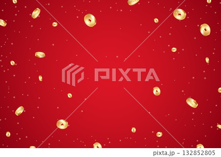 Chinese golden coins. Realistic gold rain. flying fall coin casino win red background, new year japan luck festive asian money cash jackpot celebration concept vector illustration 132852805