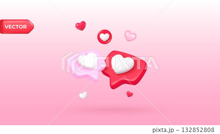 3d hearts speech bubbles. Two heart love chat bubble, social media talk message emoji valentine day concept romantic comment notification red pink icons render vector illustration 3d hearts speech bubbles. Two heart love chat bubble, social media talk message emoji valentine day concept romantic comment notification red pink icons render vector illustration 132852808