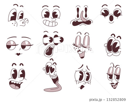 Retro mascot faces. Comic silly face, cute vintage cartoon facial characters smile mouth smiley eye happy sad doodle emotions expression old emoji icon, classy vector illustration 132852809
