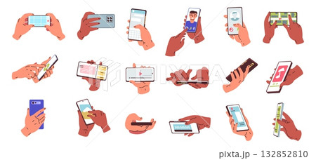 Hands holding smartphones. User hand hold cell phone with smart mobile app video call, using social media scroll map camera tap finger swipe press screen classy vector illustration 132852810