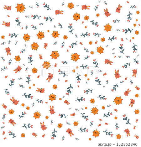 Seamless cute floral pattern with orange flowers and bunny characters 132852840