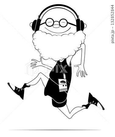 Happy running old man. Running senior man. Senior man running while listening music on player using headphones. Black and white illustration 132852844